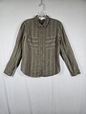 Boden Linen Shirt Women's US 2P Olive with Pink Metallic Stripes Button Up